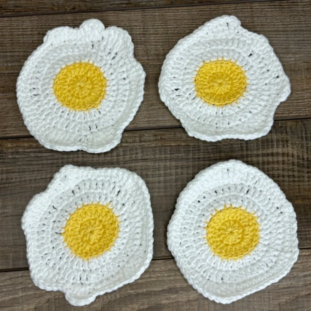 Coasters Sunny Side Up Fried Egg Cup Mug Set of 4‎ Handcrafted Crochet Cotton